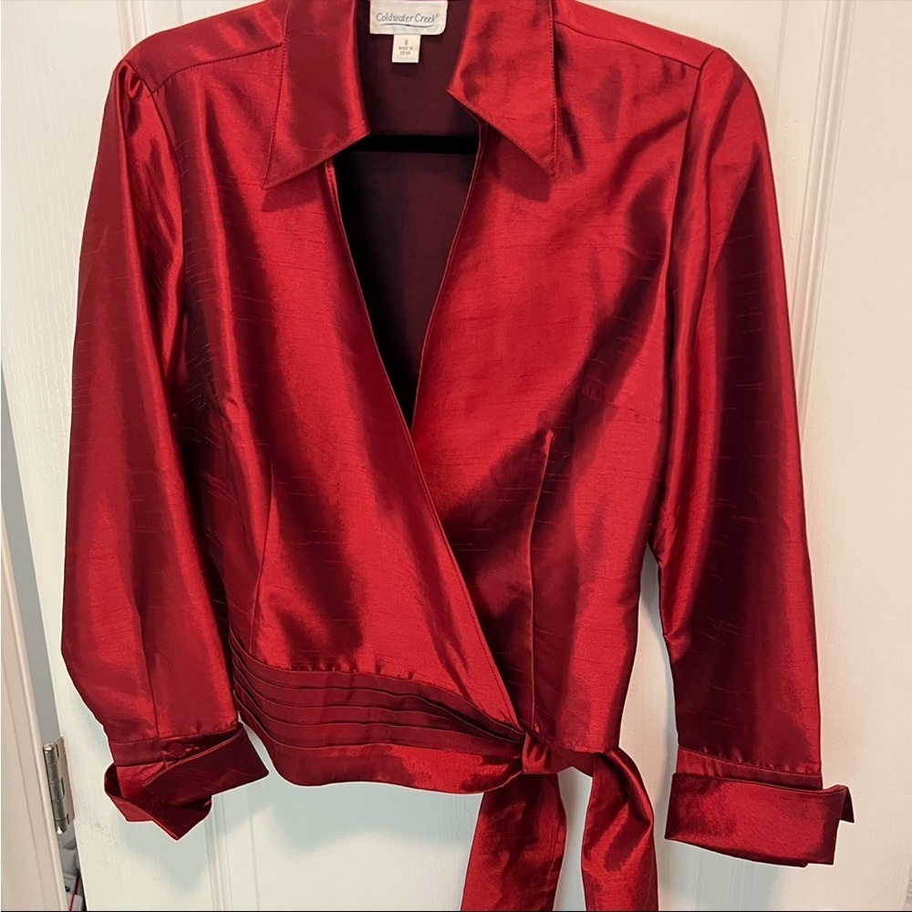 Coldwater creek faux silk deep red wrap top 

size small red the color